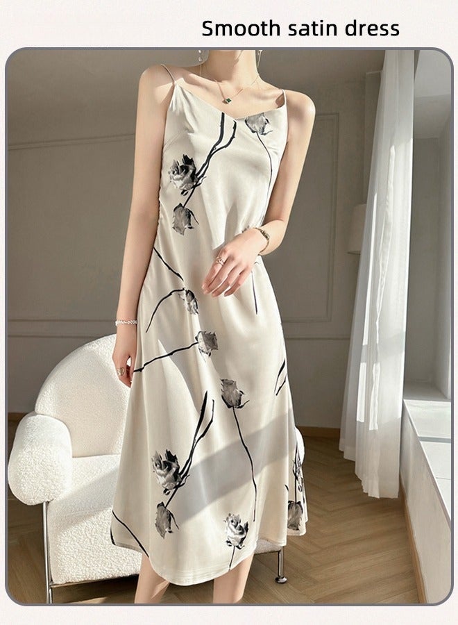 Quality Satin Floral Printed Cami Dress for Women Stylish A-Line Dress Off-the-Shoulder Beach Dress for Vacation Ladies Elegant Silk Spaghetti Strap V-Neck Halter Midi Skirt for Summer White - Image 3