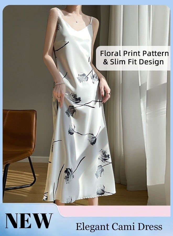 Quality Satin Floral Printed Cami Dress for Women Stylish A-Line Dress Off-the-Shoulder Beach Dress for Vacation Ladies Elegant Silk Spaghetti Strap V-Neck Halter Midi Skirt for Summer White - Image 2