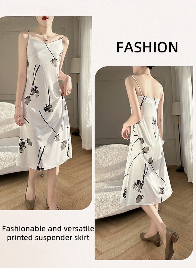 Quality Satin Floral Printed Cami Dress for Women Stylish A-Line Dress Off-the-Shoulder Beach Dress for Vacation Ladies Elegant Silk Spaghetti Strap V-Neck Halter Midi Skirt for Summer White - Image 5