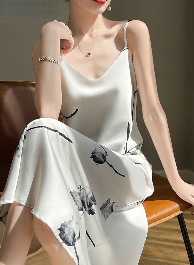 Quality Satin Floral Printed Cami Dress for Women Stylish A-Line Dress Off-the-Shoulder Beach Dress for Vacation Ladies Elegant Silk Spaghetti Strap V-Neck Halter Midi Skirt for Summer White - Image 1