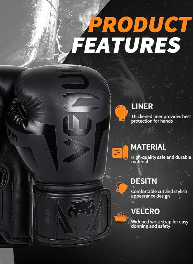 VENUM 12OZ Boxing Gloves PU Leather, Muay Thai Kickboxing MMA Sparring Training, Advanced TAKKA Closure, Padding, Punch Bags Speed Ball Focus Pads Workout, Black - Image 2