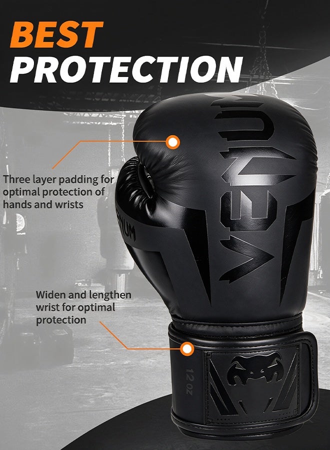 VENUM 12OZ Boxing Gloves PU Leather, Muay Thai Kickboxing MMA Sparring Training, Advanced TAKKA Closure, Padding, Punch Bags Speed Ball Focus Pads Workout, Black - Image 4