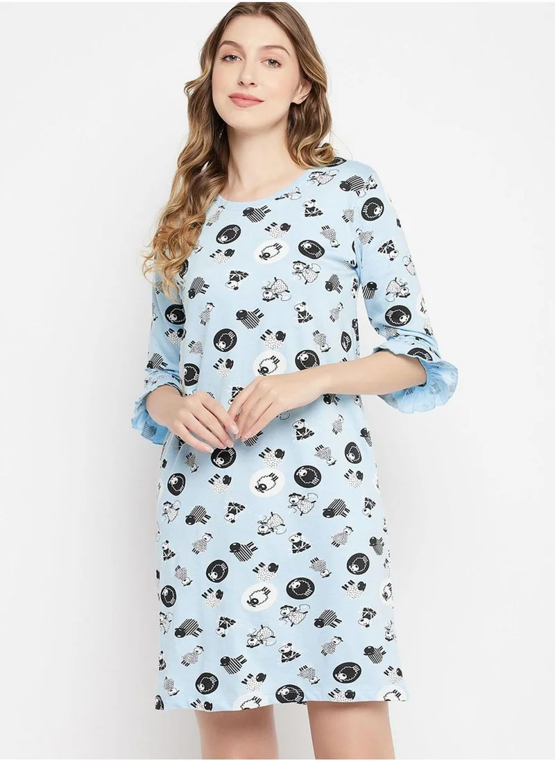 Clovia Ruffle Sleeve Printed Nightdress