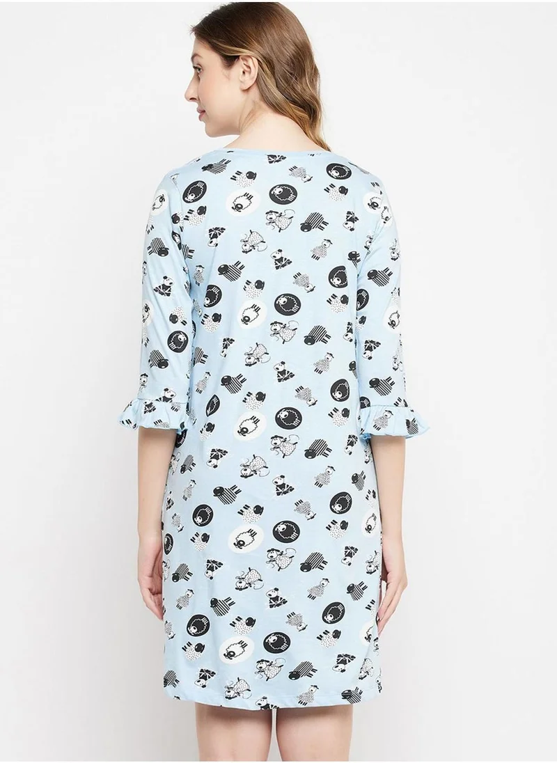 Clovia Ruffle Sleeve Printed Nightdress