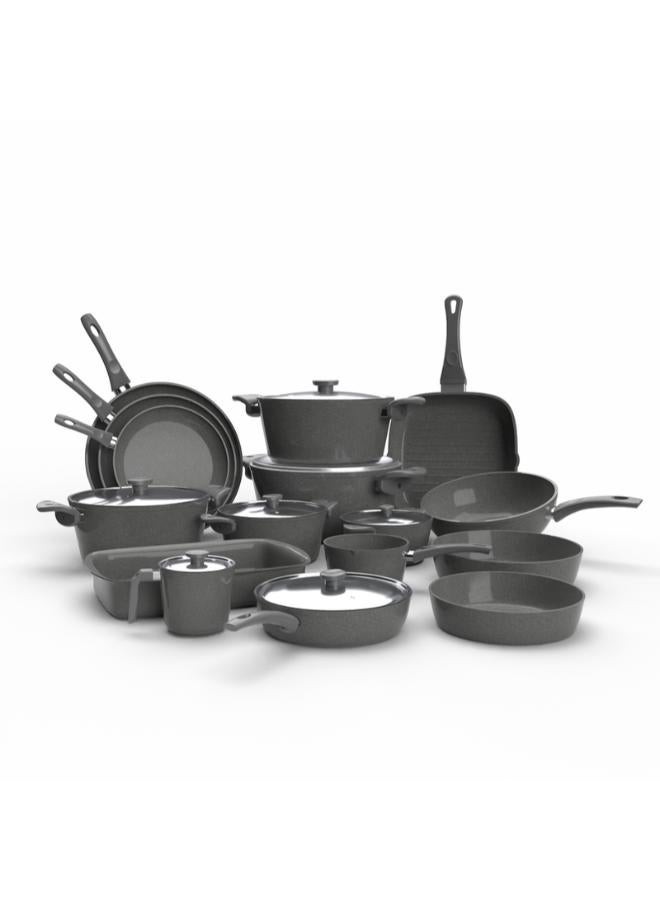 top chef granite Set of 19 (pot 18-20-24-28-30 - frying pan 20-24-30 - Oblong Tray 30 - oven tray 26 - grill 28 - milkpot 16 - wook 28) gray - Image 1
