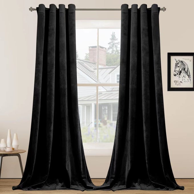 BLACK 120 IN LONG VELVET CURTAINS WITH GROMMET THERMAL INSULATED SUPER SOFT PRIVACY NOISE REDUCING LIGHT FILTERING VELVET CURTAINS FOR LIVING ROOM 2 PANELS EACH 52 X 120 INCHES LONG