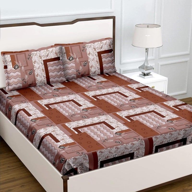 Bella Casa Double Bedsheet with 2 Pillow Covers 180 TC 100 Cotton Abstract Design Tan Brown Colour Radiant Collection - Image 2