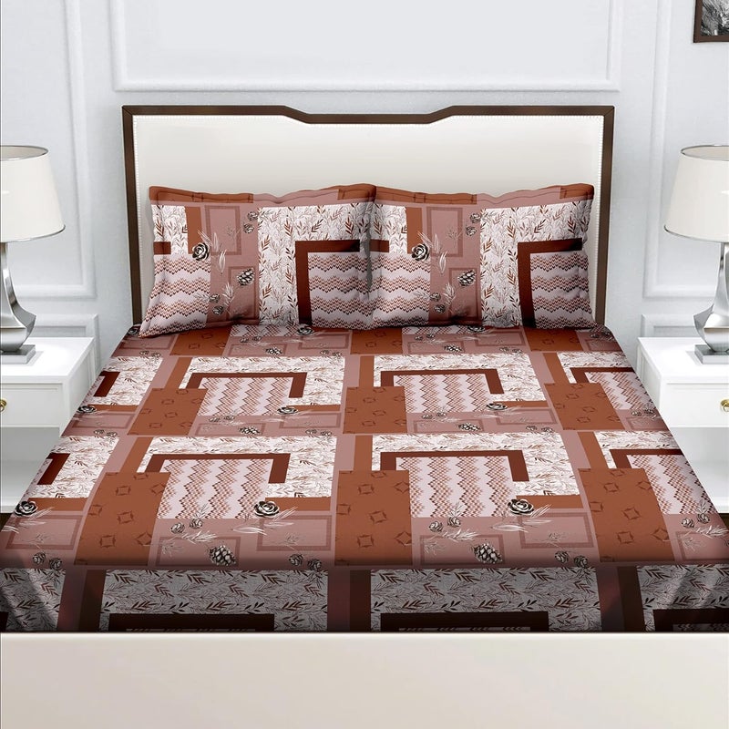 Bella Casa Double Bedsheet with 2 Pillow Covers 180 TC 100 Cotton Abstract Design Tan Brown Colour Radiant Collection - Image 1