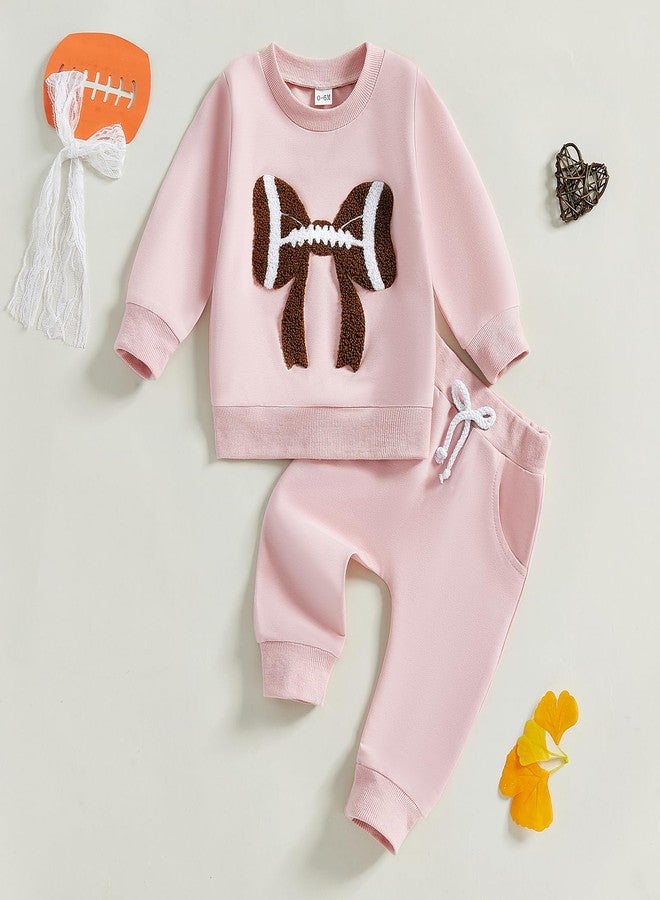 Karuedoo Toddler Baby Girl Football Clothes Football Bow Embroidery Long Sleeve Sweatshirt Top Pants Set 2Pcs Fall Outfits (Pink, 0-6 Months) - Image 2