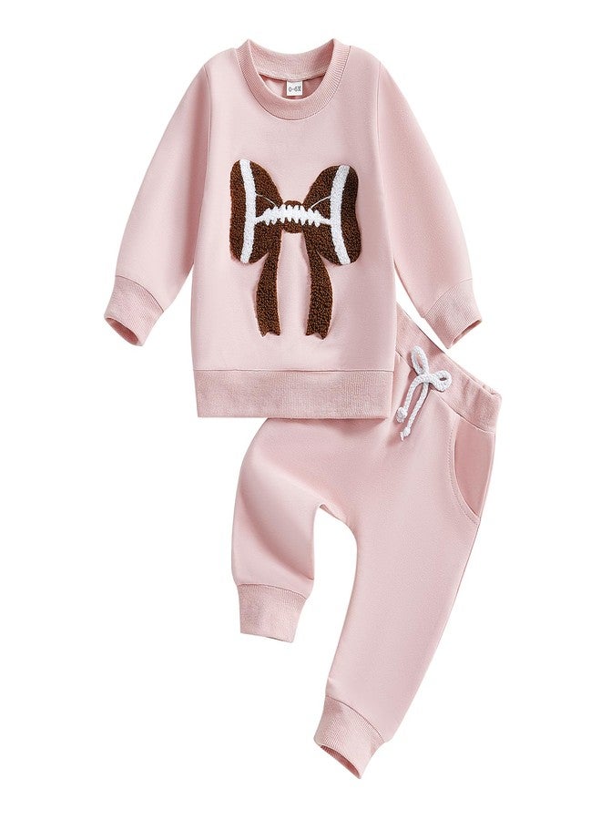 Karuedoo Toddler Baby Girl Football Clothes Football Bow Embroidery Long Sleeve Sweatshirt Top Pants Set 2Pcs Fall Outfits (Pink, 0-6 Months) - Image 1