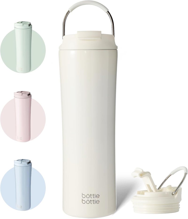 bottle bottle زجاجة زجاجة زجاجة ماء معزولة بغطاء مزدوج الاستخدام وقشة - 24 أونصة من الفولاذ المقاوم للصدأ (أبيض عاجي) - Image 1