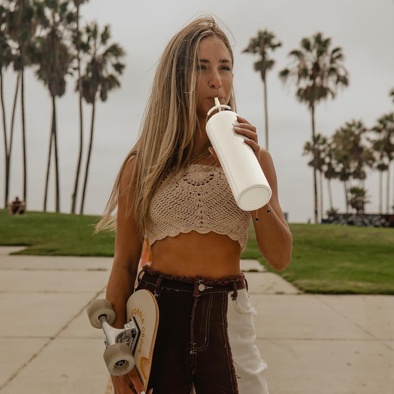 bottle bottle زجاجة زجاجة زجاجة ماء معزولة بغطاء مزدوج الاستخدام وقشة - 24 أونصة من الفولاذ المقاوم للصدأ (أبيض عاجي) - Image 2