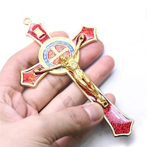 Bovemee Saint Benedict Benedictine Red Enamel 4.7X2.7 Inch Protection Wall Crucifix Cross Catholic San Benito Medalla Prayer Decoration - Image 1