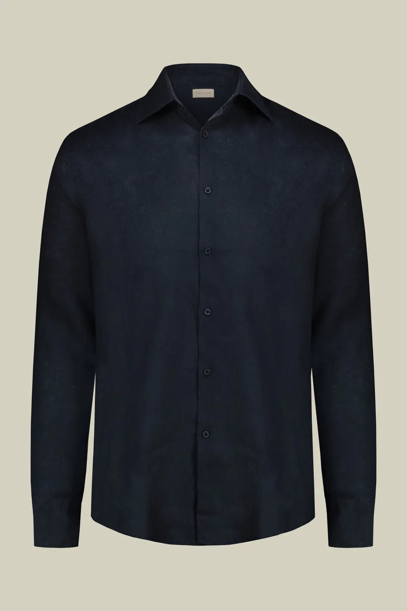 دوبل غانغر Men's 100% Linen Button-Down Shirt - DK Blue