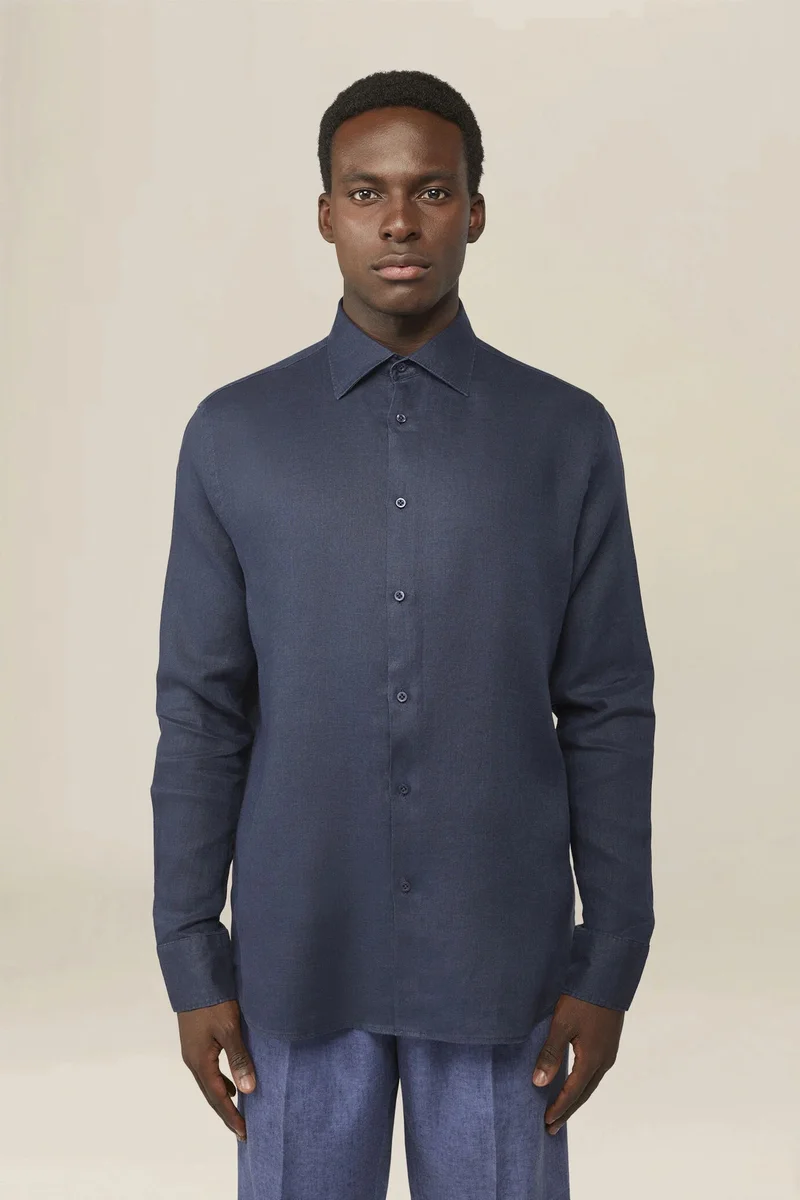 دوبل غانغر Men's 100% Linen Button-Down Shirt - DK Blue