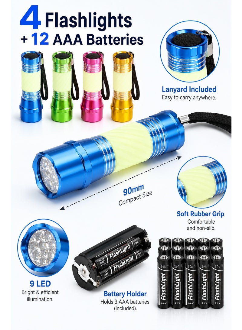 طقم كشافات LED صغيرة 4 قطع – كشاف يدوي ملون 90 مم يضيء في الظلام مع 9 لمبات LED، حبل تعليق و12 بطارية AAA للتخييم والهدايا والطوارئ - Image 3