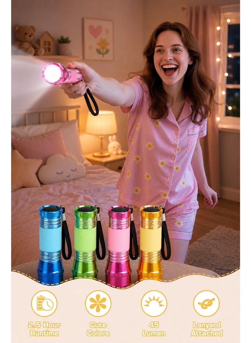 طقم كشافات LED صغيرة 4 قطع – كشاف يدوي ملون 90 مم يضيء في الظلام مع 9 لمبات LED، حبل تعليق و12 بطارية AAA للتخييم والهدايا والطوارئ - Image 2