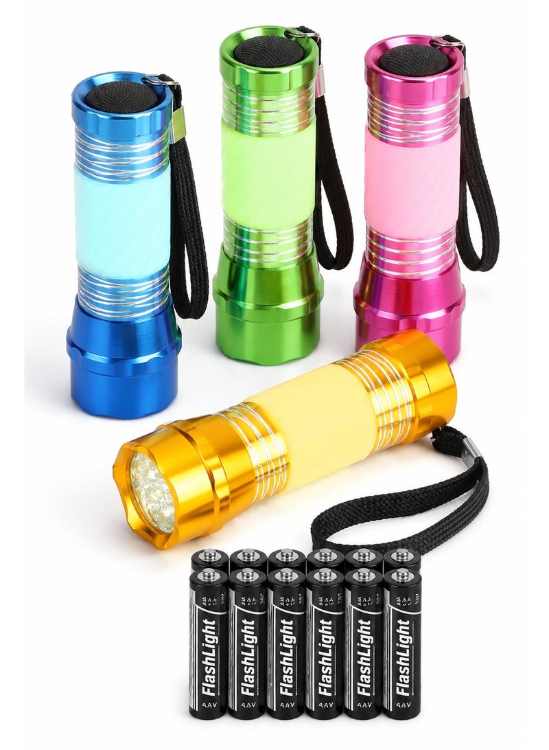 طقم كشافات LED صغيرة 4 قطع – كشاف يدوي ملون 90 مم يضيء في الظلام مع 9 لمبات LED، حبل تعليق و12 بطارية AAA للتخييم والهدايا والطوارئ - Image 1