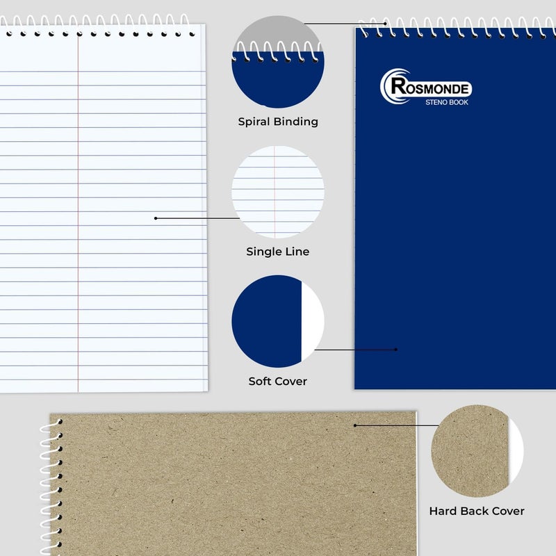 Rosmonde Steno Pads Spiral 6x9 12 Pack, Gregg Ruled Steno Pad, Assorted Colors, 80 Sheets (160 Pages) Long Lasting, Bulk B2B Value Pack, Bulk Steno Notebooks Top Spiral Steno Book for Office & Home - Image 3