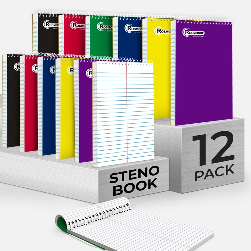 Rosmonde Steno Pads Spiral 6x9 12 Pack, Gregg Ruled Steno Pad, Assorted Colors, 80 Sheets (160 Pages) Long Lasting, Bulk B2B Value Pack, Bulk Steno Notebooks Top Spiral Steno Book for Office & Home - Image 1