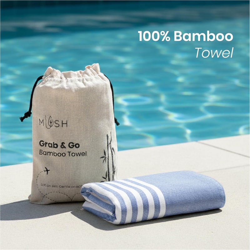 Mush منشفة شاطئ من الخيزران قابلة للحمل | منشفة استحمام 100% من الخيزران للشاطئ، والمشي، والرحلات | منشفة مدمجة مع حقيبة سفر | 60x120 سم، 250 غم/م² سريعة الجفاف، خفيفة الوزن ومقاومة للرمال | زرقاء - Image 2