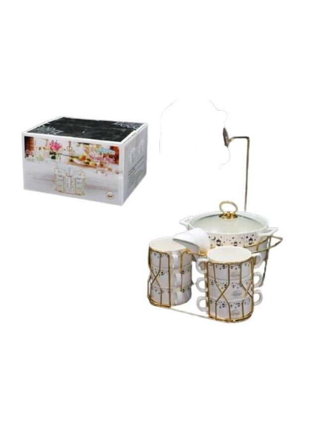 أرت لوك طقم شوربة سيراميك فاخر مكون من 16 قطعة مع حامل أنيق لتقديم الشوربات