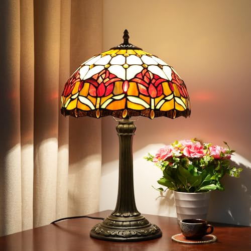 Blivuself Red Tulip Tiffany Style Stained Glass Table Lamp Bed Room Bedside Reading Desk Light for Living Office Dormitory Bar Retro Unique Cute Accent Decor Cottage 12" Village Gift Nightstand Lamps - Image 1