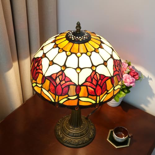 Blivuself Red Tulip Tiffany Style Stained Glass Table Lamp Bed Room Bedside Reading Desk Light for Living Office Dormitory Bar Retro Unique Cute Accent Decor Cottage 12" Village Gift Nightstand Lamps - Image 4