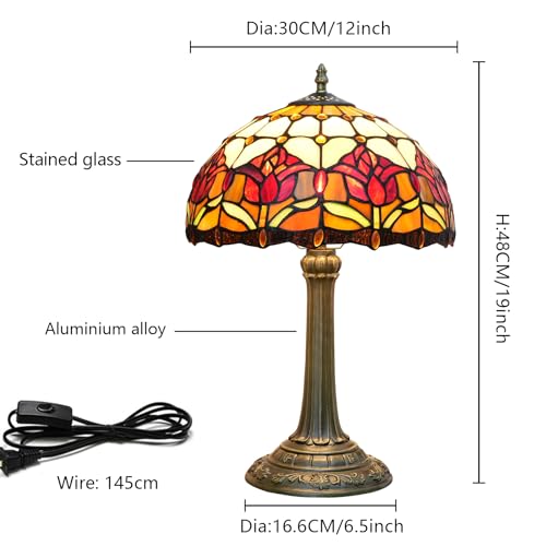 Blivuself Red Tulip Tiffany Style Stained Glass Table Lamp Bed Room Bedside Reading Desk Light for Living Office Dormitory Bar Retro Unique Cute Accent Decor Cottage 12" Village Gift Nightstand Lamps - Image 3