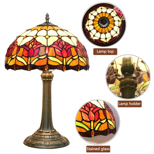 Blivuself Red Tulip Tiffany Style Stained Glass Table Lamp Bed Room Bedside Reading Desk Light for Living Office Dormitory Bar Retro Unique Cute Accent Decor Cottage 12" Village Gift Nightstand Lamps - Image 5