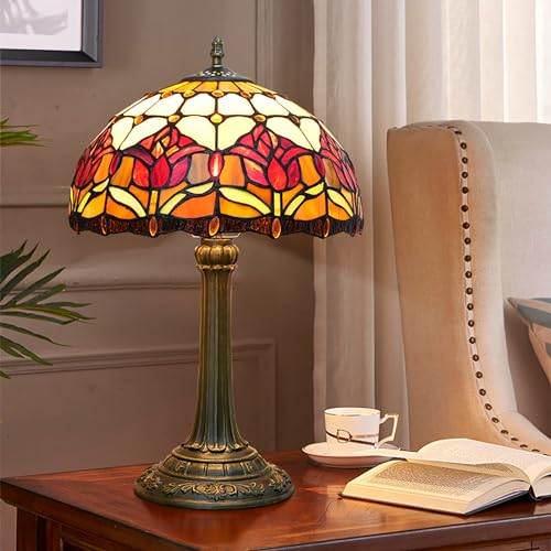 Blivuself Red Tulip Tiffany Style Stained Glass Table Lamp Bed Room Bedside Reading Desk Light for Living Office Dormitory Bar Retro Unique Cute Accent Decor Cottage 12" Village Gift Nightstand Lamps - Image 2