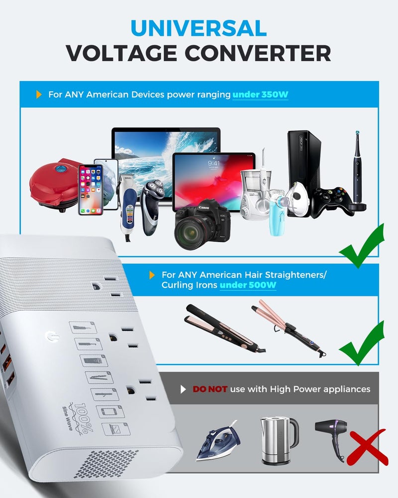 DOACE [Game-Changer] DOACE 500W Max 220V to 110V Converter, 50Hz to 60Hz Voltage Converter for European Travel, 100% Pure Sine Wave Power Converter US to Europe for CPAP Hair Straightener Laptop Cell Phone - Image 3