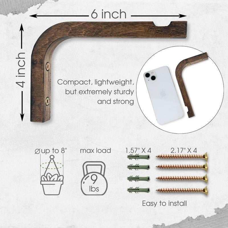 EvenWood 2-Piece Set of Plant Hooks for Wall 6 Inch - Mounted Wooden Plant Hook - Indoor and Outdoor Bracket Plant Hanger for Planters, Lanterns, Bird Feeders, Patio Decorations (Walnut) - Image 3