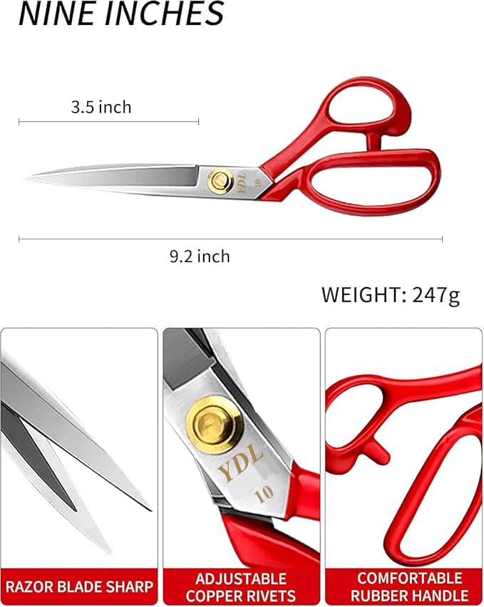 GEMSY Professional Tailor Scissors – 10 Inch Heavy Duty Fabric Cutting Shears | Red Handle & White Blade Stainless Steel Scissors for Sewing, Leather, Crafts, Dressmaking, DIY & All-Purpose Use - Image 4