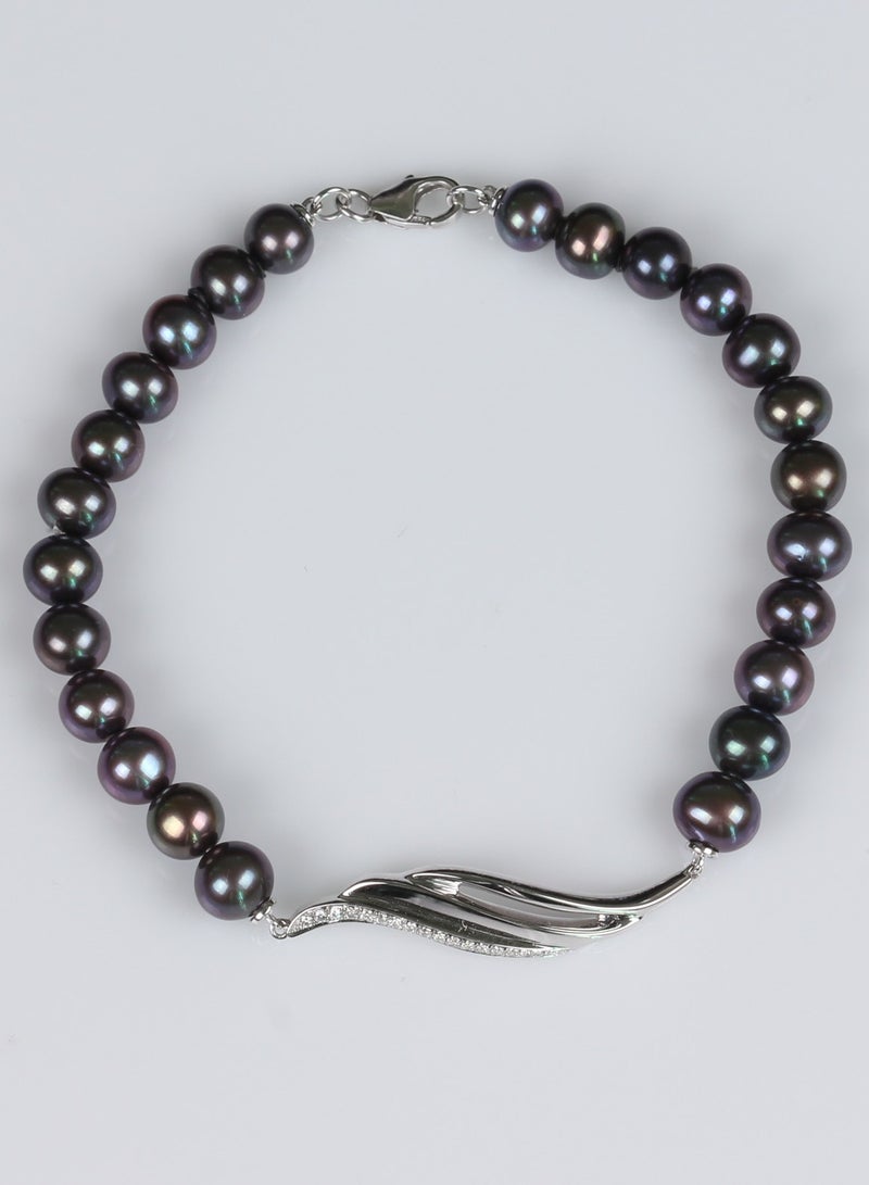 MIKURA Bracelet, 1st 19cm, Freshwater Pearls, A Quality, Treated Black Color, 6.5-6.0mm, 18KW, 17D-0.09Ct  - Image 1