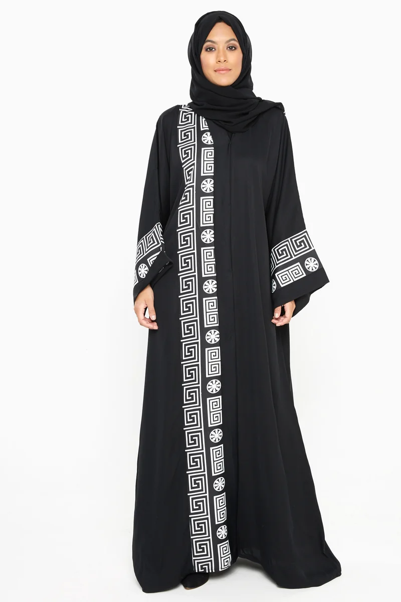 A classy abaya with white aztec prints by the closing and sleeves-Aj374A