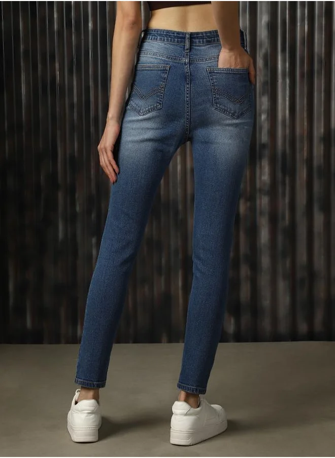 هاي ستار Women Jeans in Blue featuring Skinny fit fit with a washed pattern, regular length, secured with button closure, crafted from cotton – an essential addition to your stylish collection.