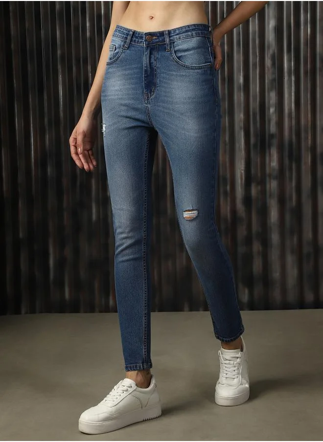 هاي ستار Women Jeans in Blue featuring Skinny fit fit with a washed pattern, regular length, secured with button closure, crafted from cotton – an essential addition to your stylish collection.