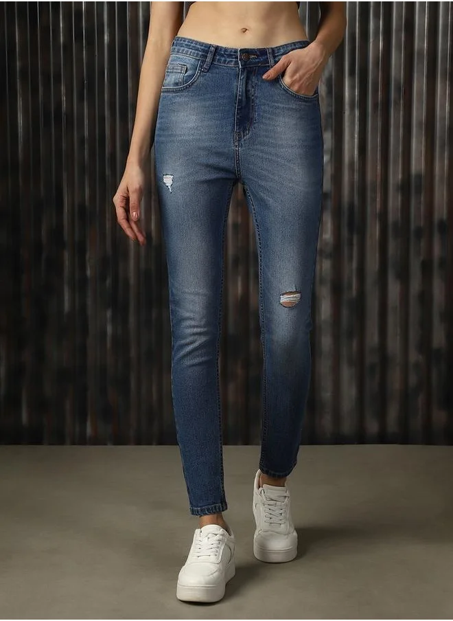 هاي ستار Women Jeans in Blue featuring Skinny fit fit with a washed pattern, regular length, secured with button closure, crafted from cotton – an essential addition to your stylish collection.