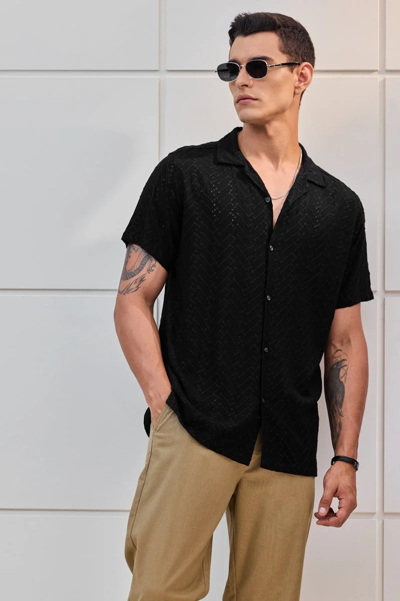 سنيتش Black Textured Half Sleeve Boxy Shirt
