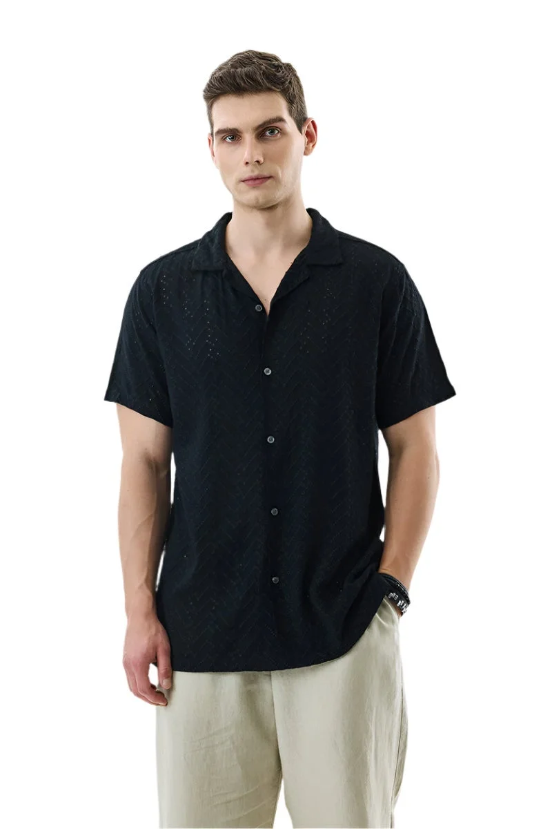 سنيتش Black Textured Half Sleeve Boxy Shirt