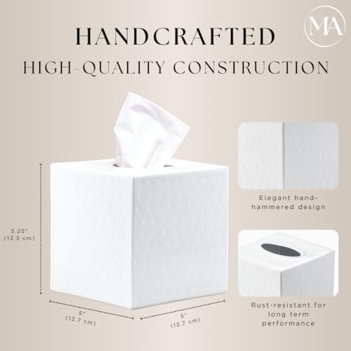 Monarch Abode Hand Hammered Tissue Box Cover Square, White Tissue Holder for Bathroom, Square Metal Dresser Accessories for Home, Decorative Tissue Box Holder, Classic White Handcrafted Tissue Cover - Image 3
