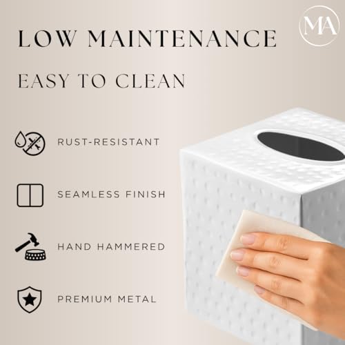 Monarch Abode Hand Hammered Tissue Box Cover Square, White Tissue Holder for Bathroom, Square Metal Dresser Accessories for Home, Decorative Tissue Box Holder, Classic White Handcrafted Tissue Cover - Image 4