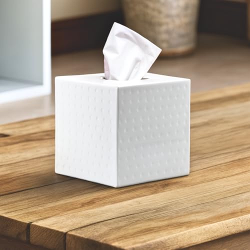 Monarch Abode Hand Hammered Tissue Box Cover Square, White Tissue Holder for Bathroom, Square Metal Dresser Accessories for Home, Decorative Tissue Box Holder, Classic White Handcrafted Tissue Cover - Image 5