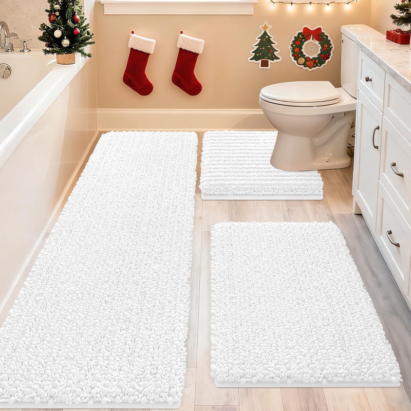 ACCUMTEK Upgrade Extra Large White Bathroom Rug Set 3 Pieces Ultra Soft Thick Absorbent Bath Mats Non Slip Chenille Toilet Mat for Bathroom Bedroom Kitchen