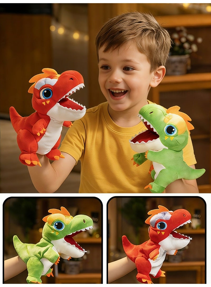 مجموعة دمى ديناصورات يدوية قطيفة مكونة من قطعتين، دمى تي ريكس خضراء وحمراء بفم متحرك، ألعاب ديناصورات ناعمة وتفاعلية للأطفال الصغار، هدية مثالية للعب الأدوار ورواية القصص - Image 1