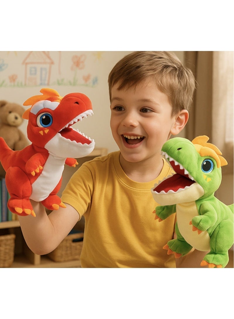 مجموعة دمى ديناصورات يدوية قطيفة مكونة من قطعتين، دمى تي ريكس خضراء وحمراء بفم متحرك، ألعاب ديناصورات ناعمة وتفاعلية للأطفال الصغار، هدية مثالية للعب الأدوار ورواية القصص - Image 3