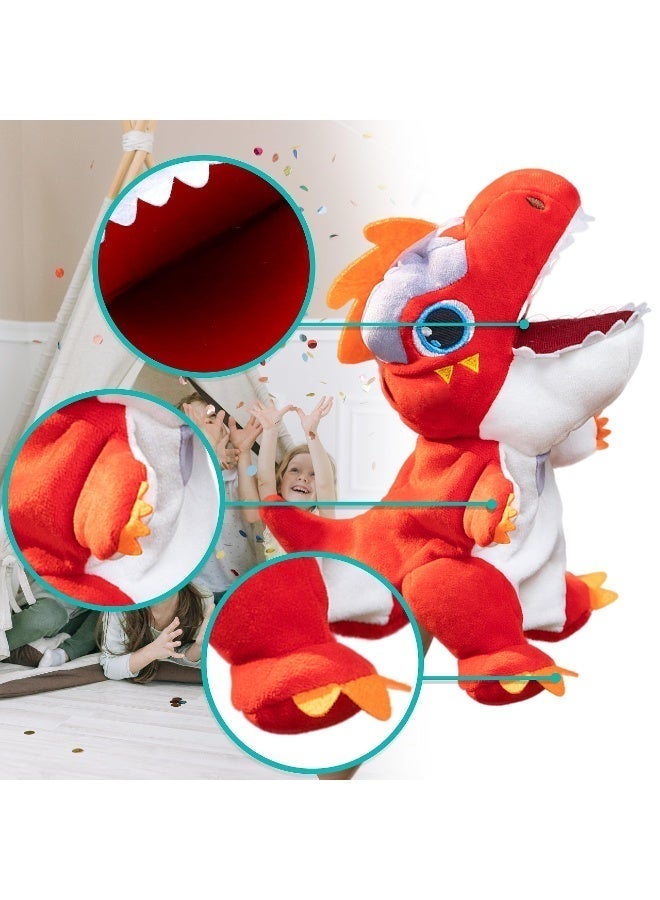 مجموعة دمى ديناصورات يدوية قطيفة مكونة من قطعتين، دمى تي ريكس خضراء وحمراء بفم متحرك، ألعاب ديناصورات ناعمة وتفاعلية للأطفال الصغار، هدية مثالية للعب الأدوار ورواية القصص - Image 2