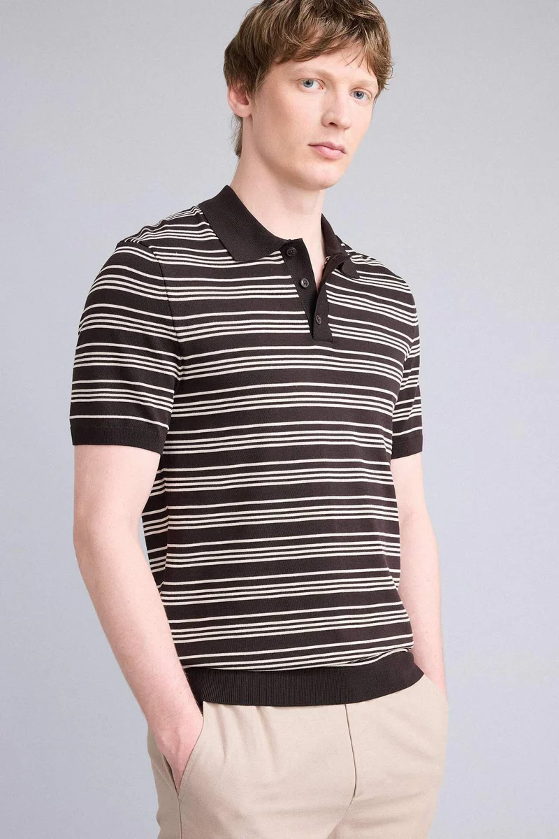 ديفاكتو Standard Fit Polo Collar Striped Short Sleeve Polo T-Shirt