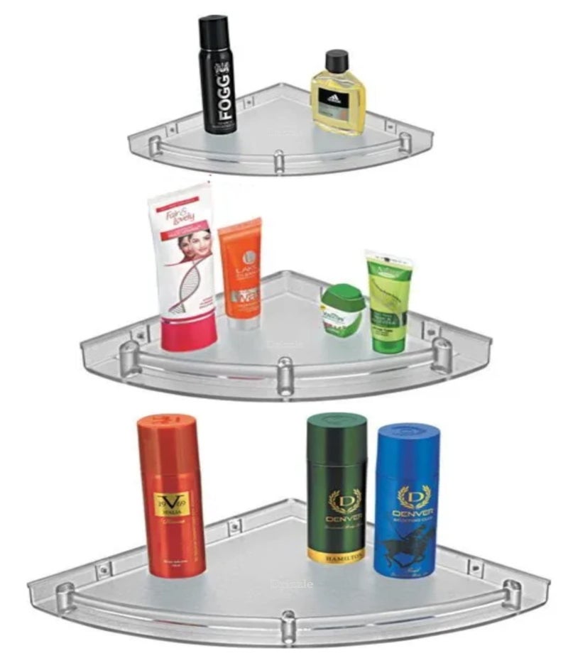 Drizzle رف زاوية درizzle بلون ضبابي | رفوف حمام شفافة غير قابلة للكسر | استخدام متعدد الأغراض (حجم 7 بوصة، 9 بوصة، 11 بوصة) - مجموعة من 1 (3 قطع) (ضبابي) - Image 1